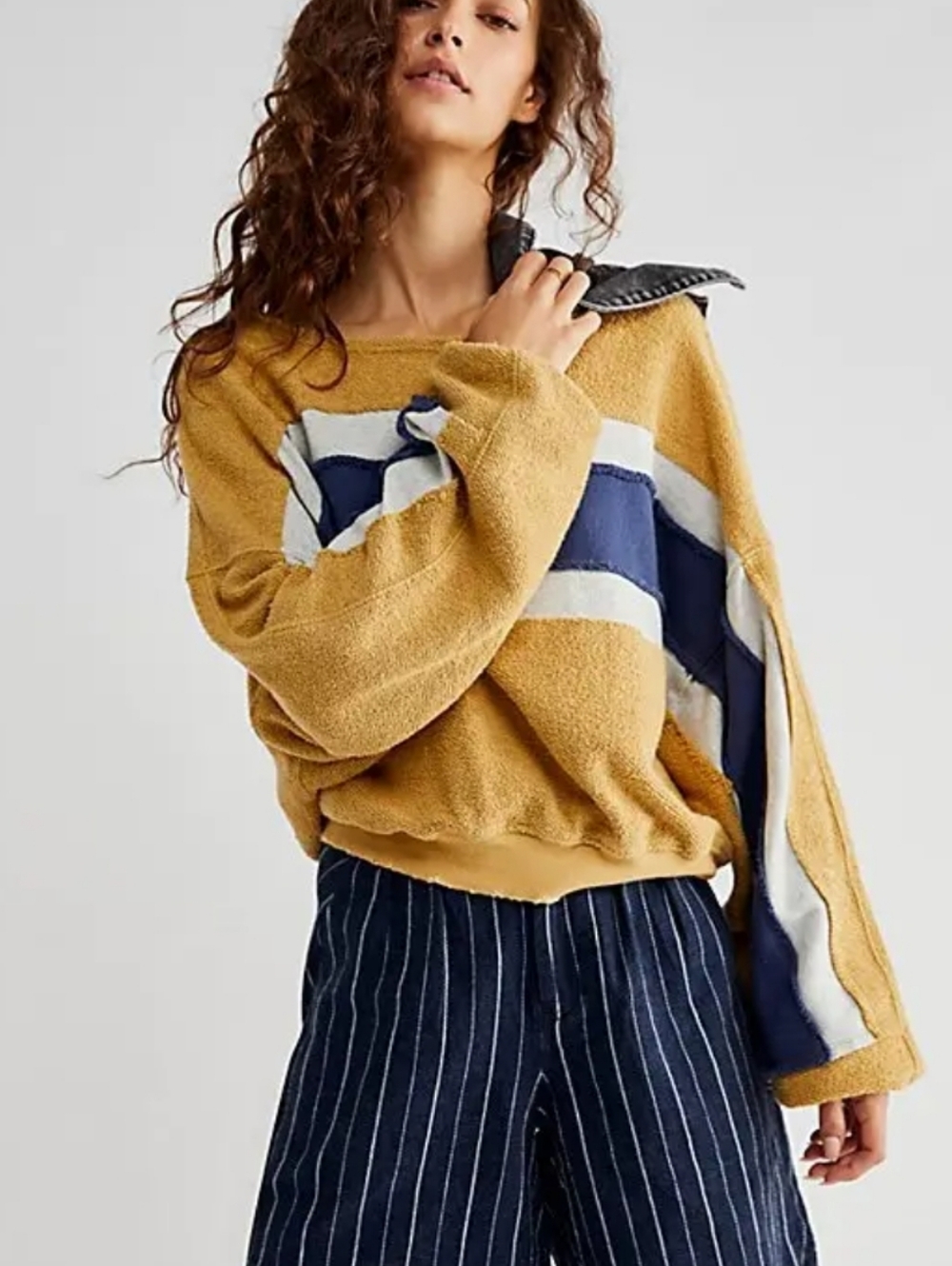 Free People Palo Alto Sweatshirt Mustard Yellow Striped Medium